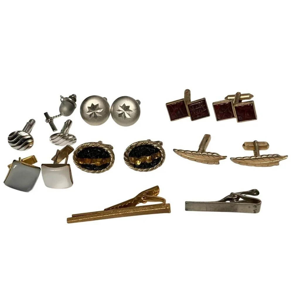 Vintage Mens Cufflinks Tie Clips Lot Gold Silver Tone Mixed Designs Mid Century